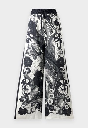Black and white wide-leg pants with an elastic waistband, featuring floral and paisley patterns, and a smooth, lightweight fabric texture.