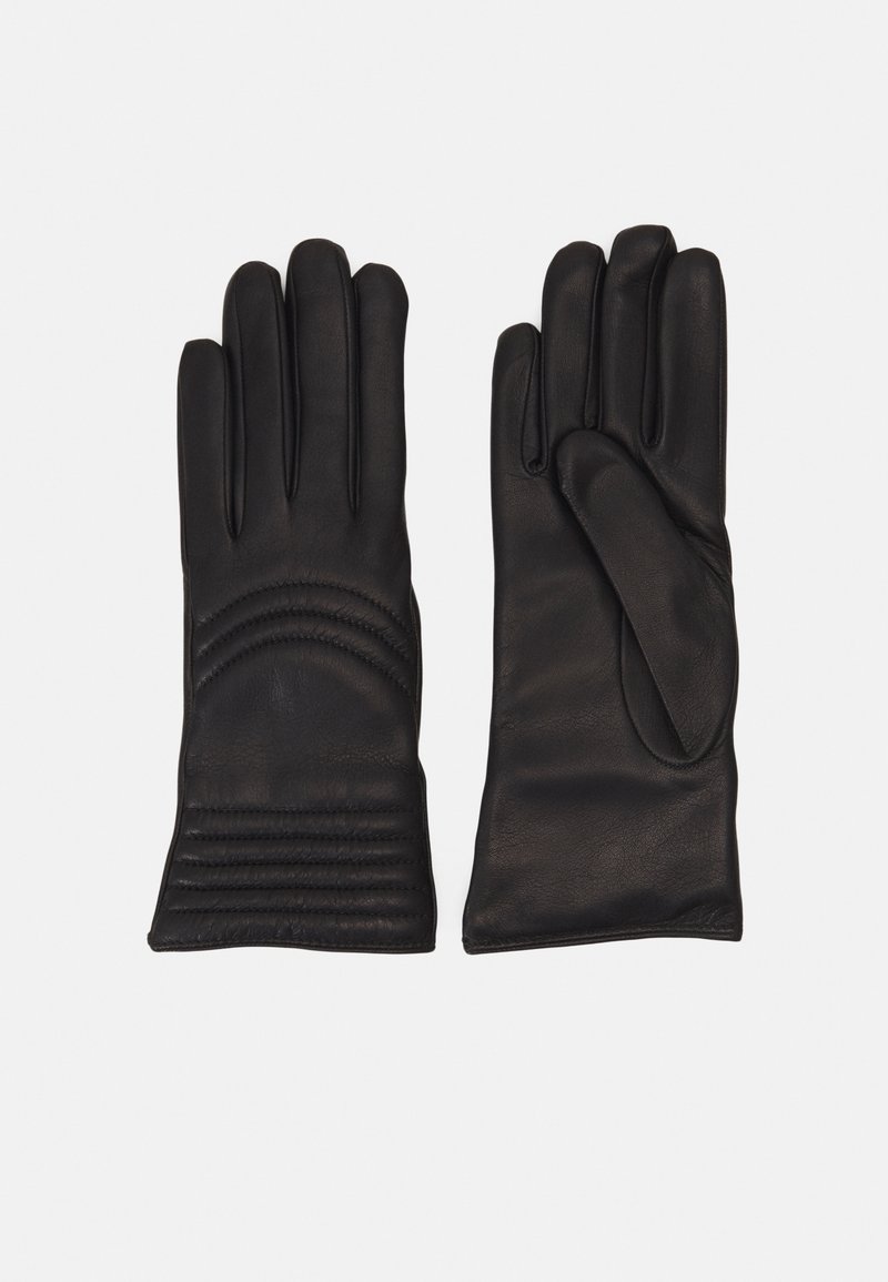 Gants en cuir noir avec une texture lisse, cinq doigts et de légères accents côtelés au niveau des poignets pour plus de détails.