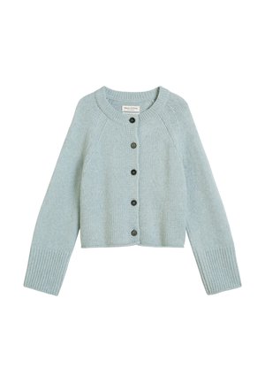 Cardigan court bleu clair en tricot doux, doté de manches raglan, cinq boutons noirs et des poignets côtelés.
