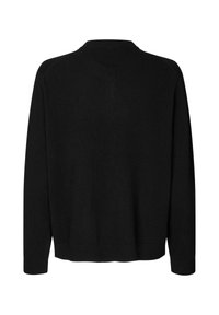 Černý svetr, pletená tkanina, kulatý výstřih, dlouhé rukávy, žebrované manžety a lem, bezšvový design ramene. Pouze zadní pohled.