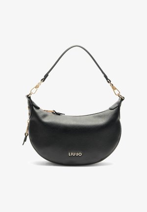 Borsa a tracolla in pelle nera con forma tondeggiante, chiusura con zip e manico corto. Presenta dettagli in metallo dorato e un logo discreto.