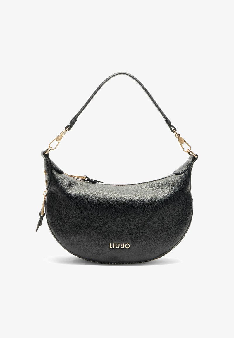 Borsa a tracolla in pelle nera con forma tondeggiante, chiusura con zip e manico corto. Presenta dettagli in metallo dorato e un logo discreto.