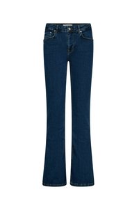 Jeans de mezclilla azul oscuro con una cintura de tiro medio, cinco bolsillos y un ligero acampanado en el dobladillo.