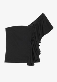 Černý top na jedno rameno ze syntetického materiálu, který má na jedné straně volánkový design. Hladká textura s přiléhavým střihem a nezdobeným povrchem.
