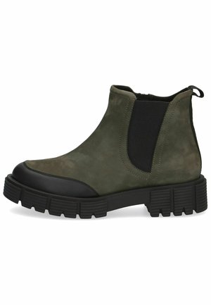Grøn ruskind ankelstøvle med sort elastisk sidepanel, kraftig sort gummisål og trækstrop ved hælen.