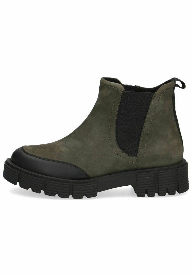 Bottine en daim vert avec panneau latéral élastique noir, semelle épaisse en caoutchouc noir et languette au talon.