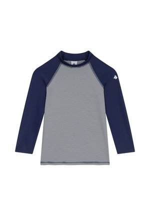 Marineblauw-wit gestreept rashguard met lange mouwen, een ronde halslijn en raglanmouwen. Heeft een klein logo op de schouder.