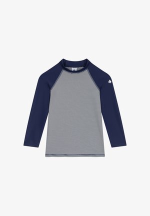 Marineblauw-wit gestreept rashguard met lange mouwen, een ronde halslijn en raglanmouwen. Heeft een klein logo op de schouder.