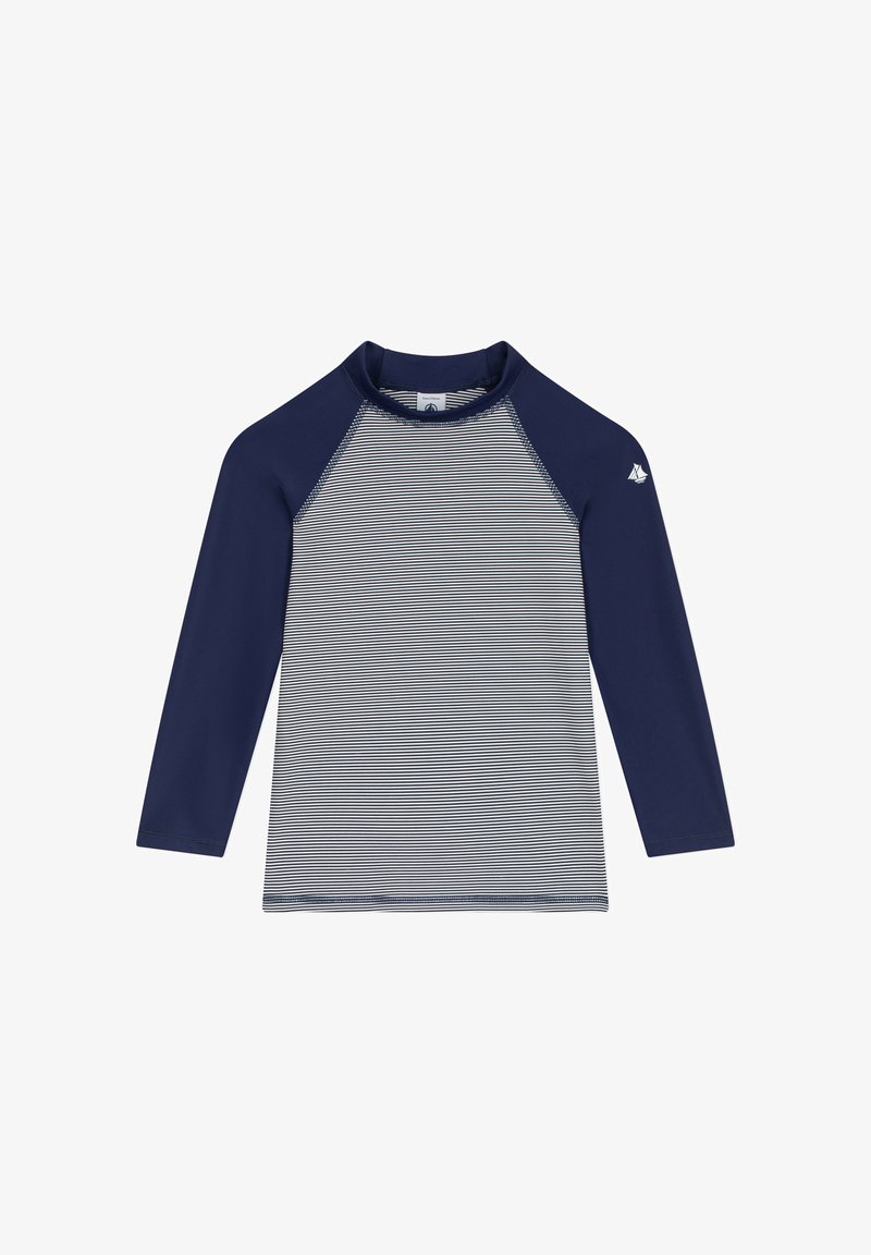 Protection anti-UV à manches longues rayée bleu marine et blanc avec un col rond et des manches raglan. Présente un petit logo sur l'épaule.