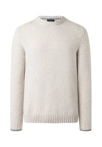 Beige Rundhalsausschnitt-Wollpullover mit gerippten Bündchen und Saum, langen Ärmeln und einem kleinen schwarzen Etikett im Kragen.