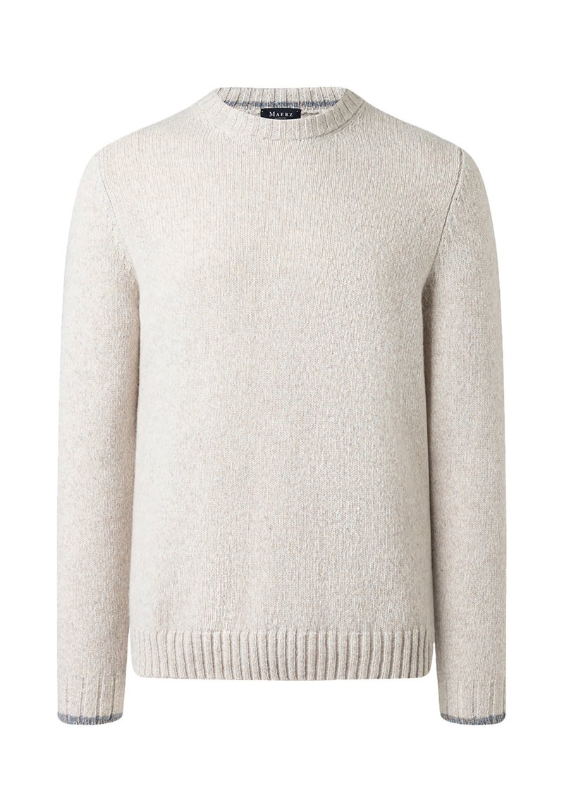Beige Rundhalsausschnitt-Wollpullover mit gerippten Bündchen und Saum, langen Ärmeln und einem kleinen schwarzen Etikett im Kragen.