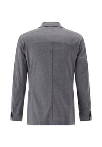 Gray fitted blazer with a smooth texture, single-breasted design, notched lapel, and buttoned cuffs. No visible patterns or embellishments.