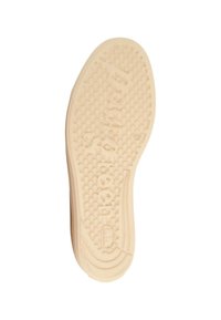 Gummisohle in hellem Beige mit kreisförmigem Profil, abgerundeten Kanten und geprägtem Markenlogo entlang der Unterseite.
