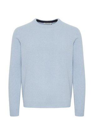 Light blue knitted sweater with a round neckline and long sleeves. Features ribbed cuffs and hem. Soft texture, simple design without patterns.