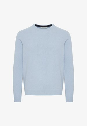 Light blue knitted sweater with a round neckline and long sleeves. Features ribbed cuffs and hem. Soft texture, simple design without patterns.