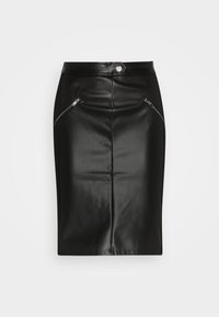 Svart läder penkjol med en figurnära design, som har två fickor med dragkedja och en slät yta. Medelhög midja med en slits bak.