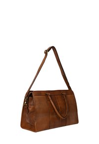 Borsa a mano in pelle marrone con due manici superiori e una tracolla rimovibile. Forma rettangolare con cuciture visibili e una superficie liscia.