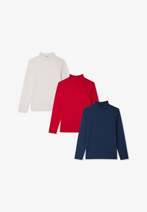 Trzy golfy z długim rękawem w kolorach białym, czerwonym i granatowym. Wykonane z gładkiej tkaniny, charakteryzujące się dopasowanym krojem i wysokimi kołnierzami.