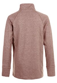 Långärmad träningsskjorta i ljusbrun melange, hög krage, raglanärmar och minimalistiska accenter på muddarna och baksidan.