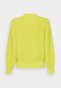 Donkergele gebreide trui met lange mouwen, ribbels aan de manchetten, onderkant en ronde hals, van de achterkant weergegeven.