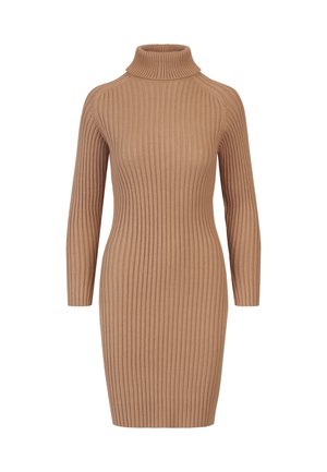 Ribbed turtleneck mekko lämpimässä beessissä. Ominaisuudet pitkähihaiset, kiinteä siluetti ja tekstuuri neulekuvio ympäri.