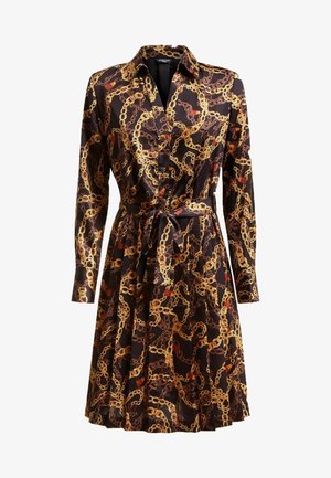 Long-sleeve black dress with yellow and brown chain print, button-down front, collar, and tied waist belt.