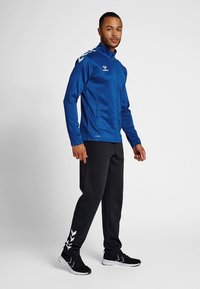 Blå atletisk jakke med glidelås, lange ermer; kombinert med svarte bukser med hvitt sikksakkmønster. Sorte joggesko fullfører antrekket.