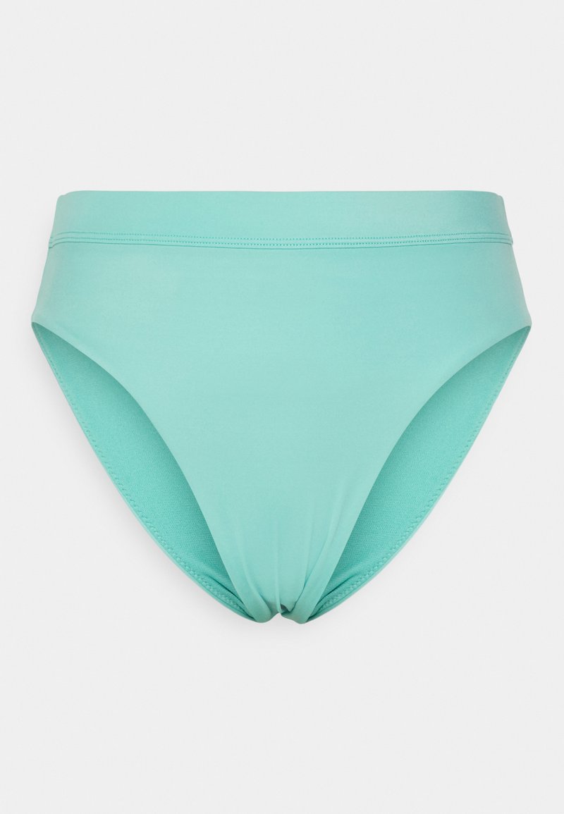 Parte de baixo de biquíni verde menta, textura suave, design de cintura alta, faixa elástica na cintura, detalhe franzido na frente central, corte clássico nas aberturas das pernas.
