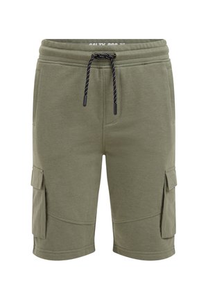 Olivgrüne, knielange Cargo-Shorts mit elastischem Bund, schwarz-weißem Kordelzug und seitlichen Klappentaschen.