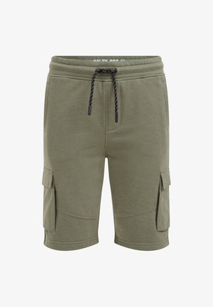 Olivengrønne cargo shorts til knæet med elastisk talje, sort-hvid snor og sidelommer med klap.