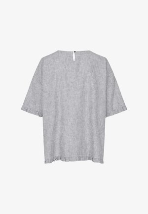 Szary paskowany top z krótkim rękawem, z okrągłym dekoltem, detalem w kształcie dziurki na plecach oraz strzępionym wykończeniem. Wykonany z lekkiego materiału.