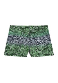 Shorts de bain colorés avec une base noire et des motifs géométriques verts et blancs. Fabriqués en matériau léger et extensible.