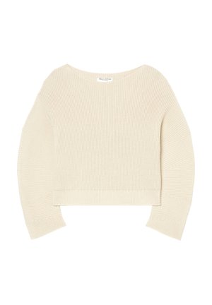 Cremefarbener, gestrickter Pullover mit langen Ärmeln, rundem Ausschnitt und geripptem Saum, flach auf einem weißen Hintergrund ausgelegt.