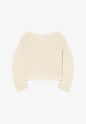 Pull en tricot de couleur crème à manches longues avec un col rond et un ourlet côtelé, posé à plat sur un fond blanc.
