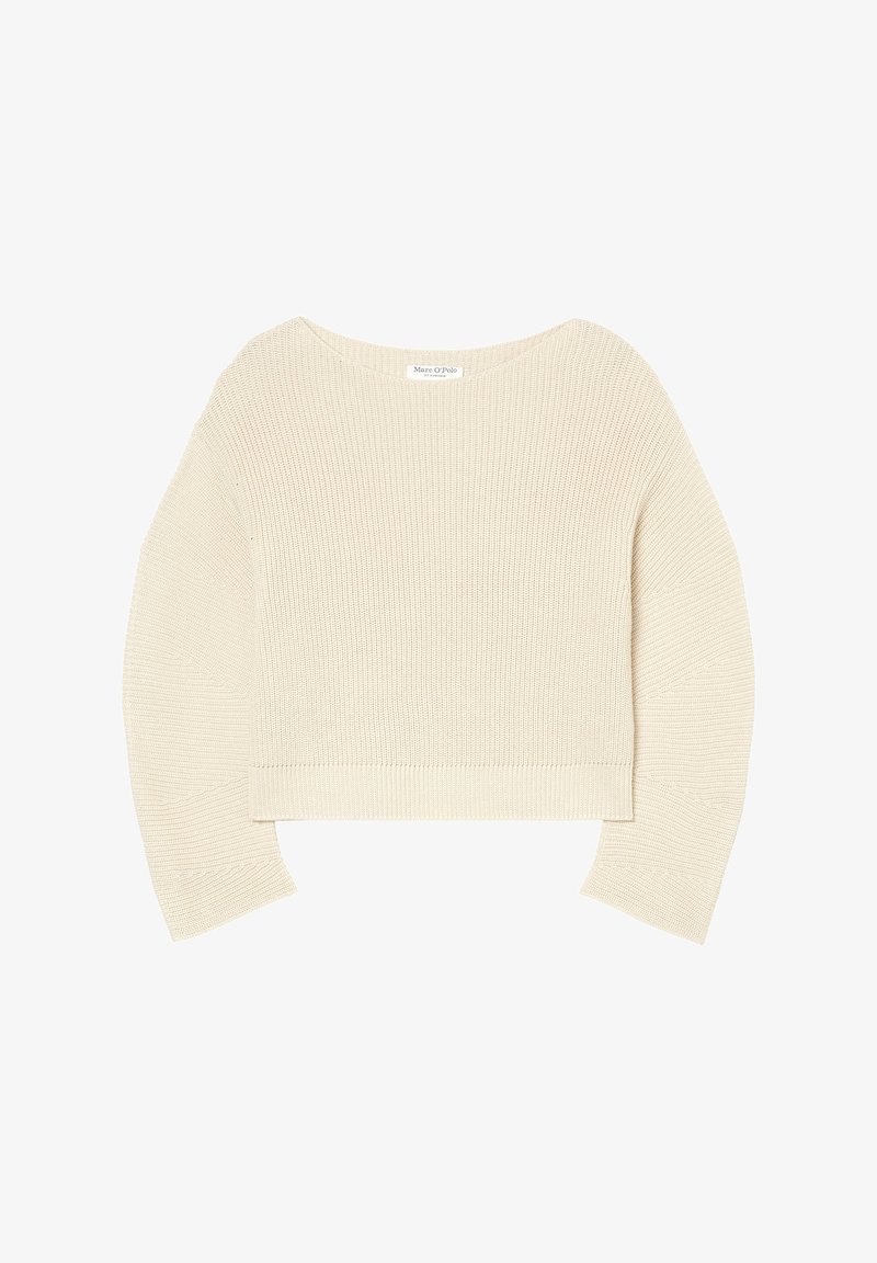 Pull en tricot de couleur crème à manches longues avec un col rond et un ourlet côtelé, posé à plat sur un fond blanc.