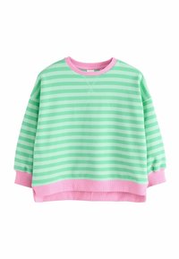 Svijetlozelena i bijela prugasta majica s ružičastim rebrastim manšetama i rubom. Ima okrugli izrez i opušteni kroj. Mekana tekstura tkanine.