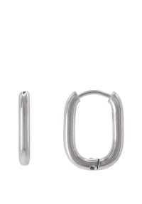 Orecchini a cerchio in metallo argentato con forma ovale arrotondata, finitura liscia e lucida, e un meccanismo di chiusura sicuro.