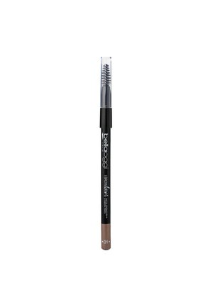 Matita per sopracciglia nera con un pennello spoolie a un'estremità e colore taupe all'altra, etichettata "Pelloggi Browliner 01."