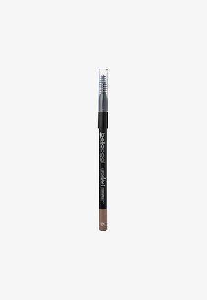 Matita per sopracciglia nera con un pennello spoolie a un'estremità e colore taupe all'altra, etichettata "Pelloggi Browliner 01."