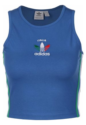Sininen hihaton Adidas crop-top, jossa Italia-teksti ja logo Italian lipun väreissä, sivuilla vihreät ja valkoiset raidat.