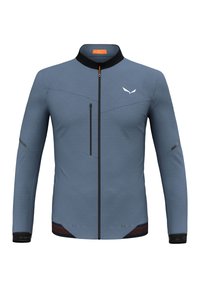Blauwe outdoorjas met lange mouwen, rits aan de voorkant, textuurmateriaal, zwarte kraag, dunne zwarte accenten en een klein wit logo.