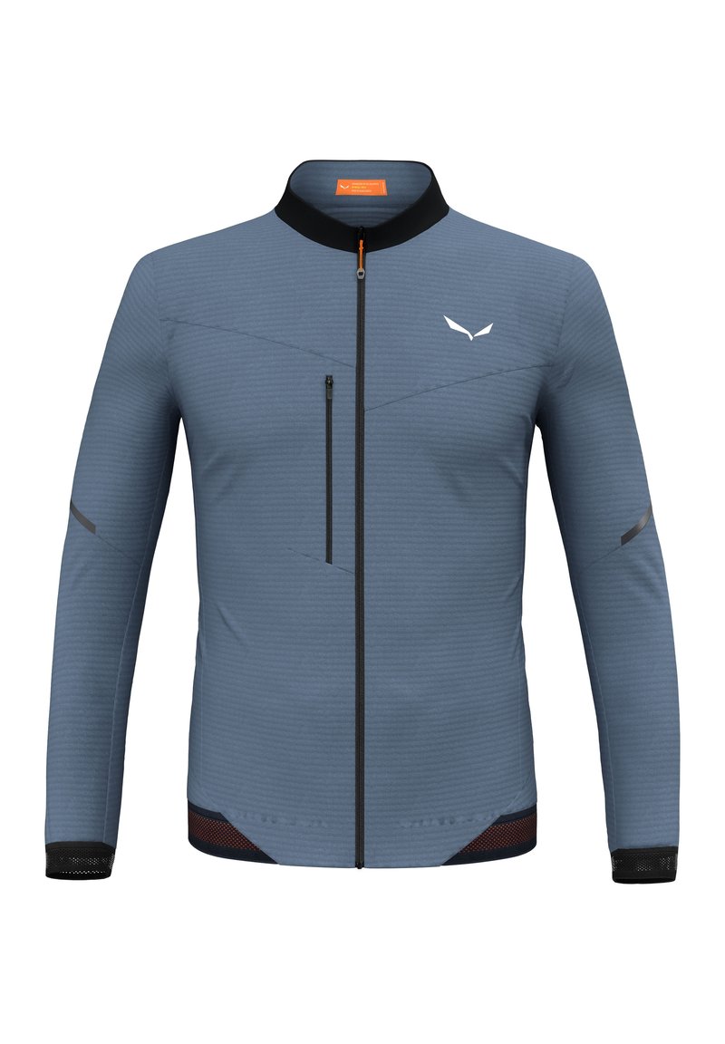 Blauwe outdoorjas met lange mouwen, rits aan de voorkant, textuurmateriaal, zwarte kraag, dunne zwarte accenten en een klein wit logo.