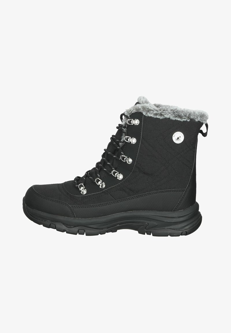 Botte d’hiver isolée noire avec col en fausse fourrure, œillets métalliques, semelle épaisse et écusson rond avec logo sur le côté extérieur en tissu matelassé.