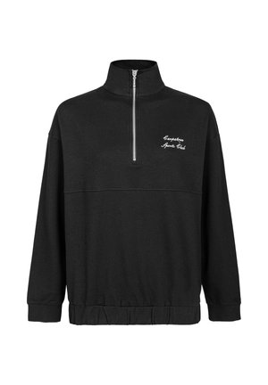 Black pullover jacket with a high collar, half-zip front, and ribbed hem. Features embroidered text on the left chest area. Soft fabric.