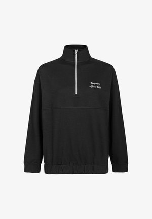 Giacca pullover nera con colletto alto, zip frontale a metà e orlo a coste. Presenta testo ricamato sulla parte sinistra del petto. Tessuto morbido.