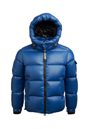 Mėlynas pūkinis džemperis su kapišonu, turintis užtrauktuką priekyje, suklijuotą dizainą, spaustukų akcentus ir elastinius manžetus. Medžiaga atrodo blizgi.