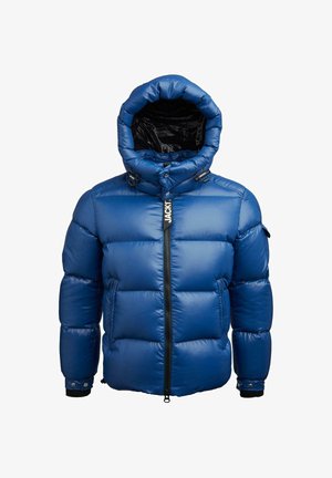 Blue puffer jacket with a hood, featuring a front zipper, quilted design, snap button accents, and elastic cuffs. Material appears shiny.