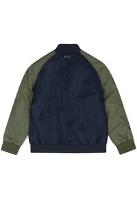 Marineblå og olivengrøn bomberjakke med ribbet krave, elastisk kant og kontrasterende raglanærmer. Glat, let materiale.