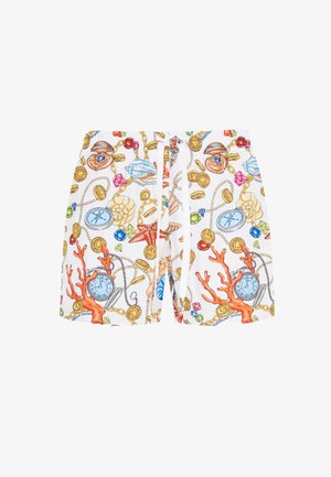 Costumi da bagno da uomo in tessuto bianco con stampe colorate a tema marino, tra cui corallo, conchiglie e vari gioielli. Vita con coulisse.