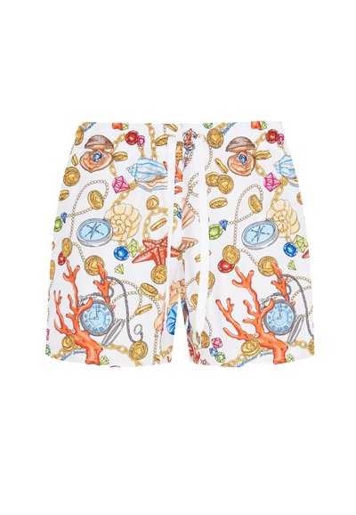 Costumi da bagno da uomo in tessuto bianco con stampe colorate a tema marino, tra cui corallo, conchiglie e vari gioielli. Vita con coulisse.